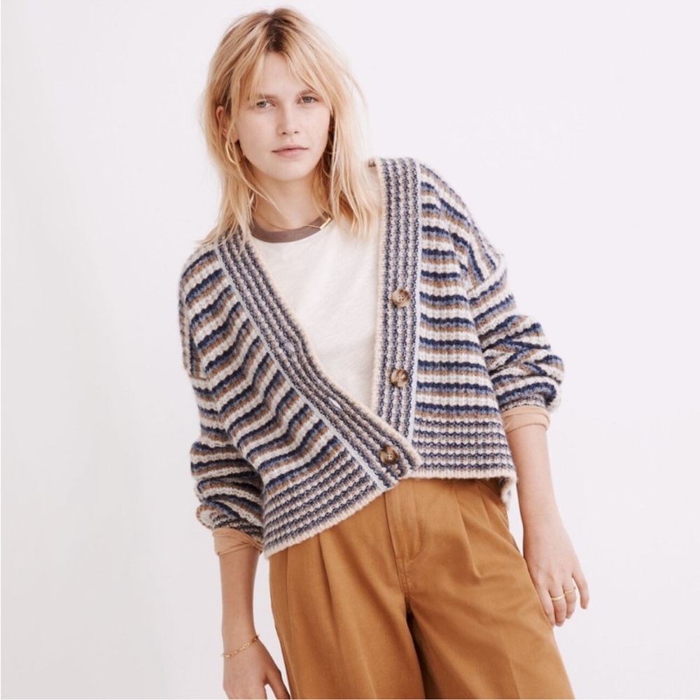 Madewell Waller Crop Cardigan Sweater Striped Size XXS Women Wool Blend Buttoned